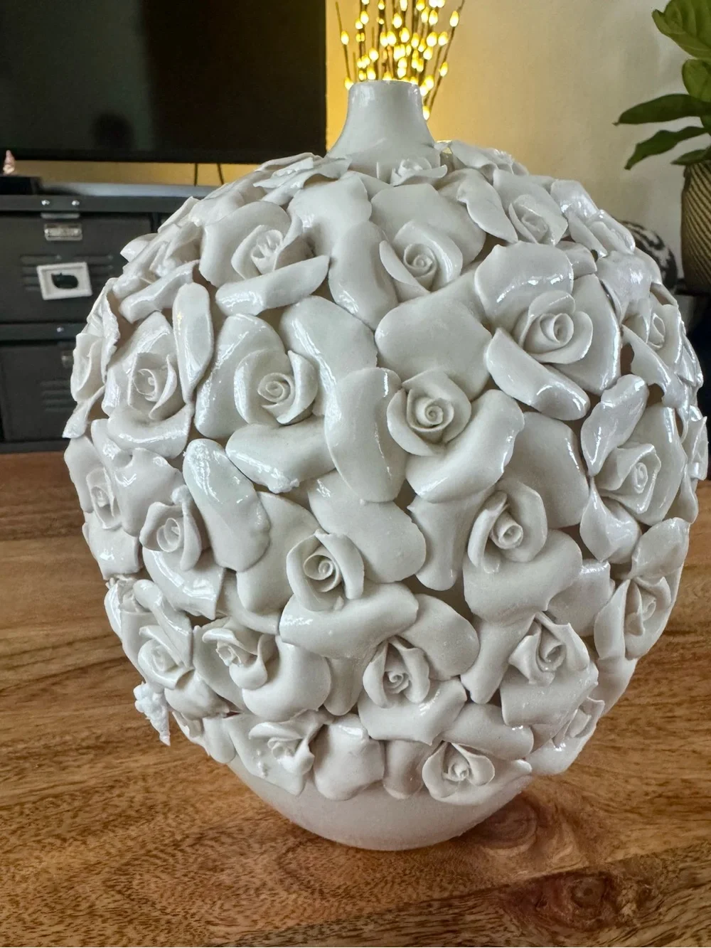 White Ceramic Rose Sphere Vase - Decorative Home Accent